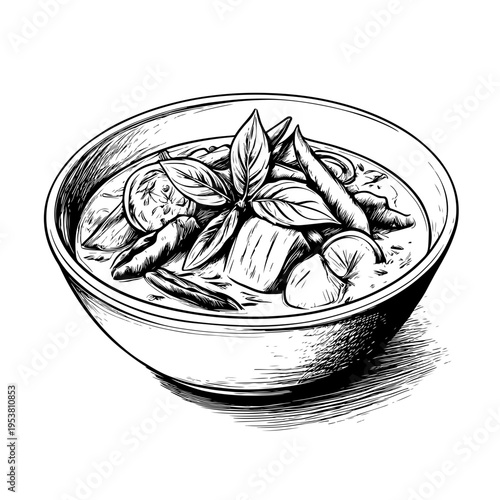 Exquisite hand-drawn illustration of an authentic Thai culinary dish, featuring a rich and aromatic curry with fresh ingredients, available on adobe stock