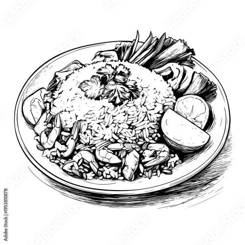 Hand Drawn Illustration of Thai Fried Rice Khao Pad with Shrimp, Lime, and Greens - Adobe Stock