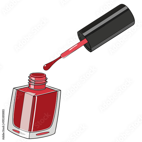 Red nail polish bottle with open cap and brush dripping colorful lacquer isolated on white background professional manicure cosmetic illustration art
