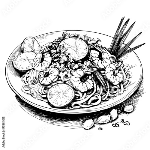 Hand Drawing of Delicious Thai Noodles with Shrimp and Lime, Adobe Stock