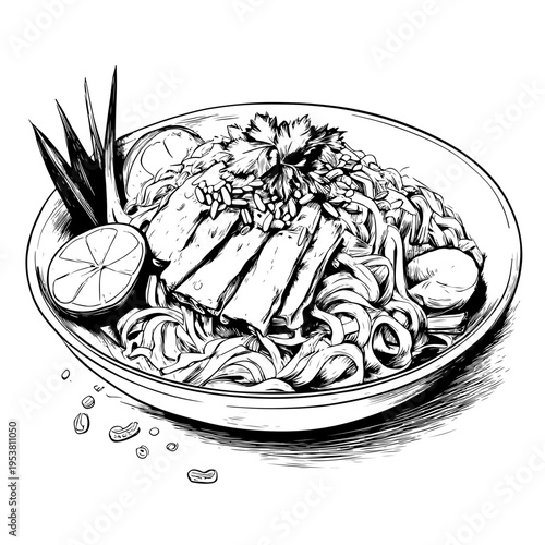 Detailed hand-drawn illustration of a delectable Asian noodle dish, showcasing aromatic herbs and savory components, a culinary artwork for adobe stock
