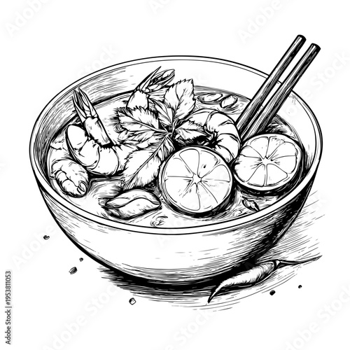 Exquisite hand-drawn illustration of a traditional Thai Tom Yum soup, brimming with succulent shrimp and aromatic spices, perfect for adobe stock food designs