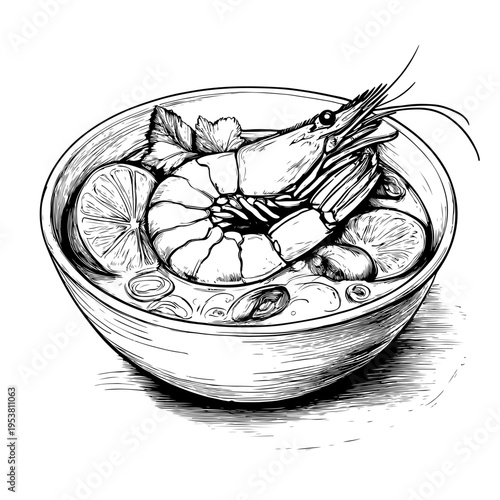 Hand Drawn Illustration of Delicious Thai Tom Yum Soup with Shrimp, Lime, and Herbs - Adobe Stock