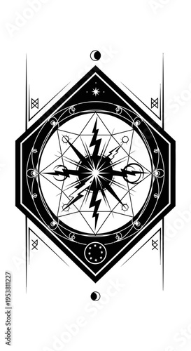 Mystical Compass Rose with Celestial Symbols and Lightning Bolt