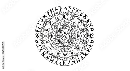 Mystical Occult Circle with Runes, Alchemy Symbols and Geometric Patterns