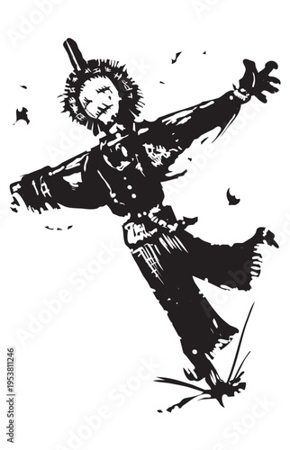 Woodcut style expressionist image of a scarecrow