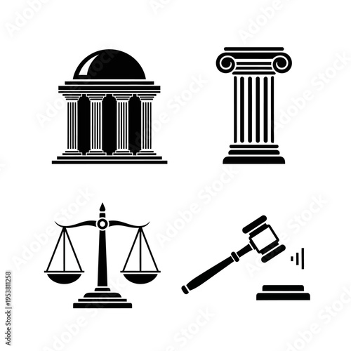 Law and Justice Icons: Gavel, Scales, Column, Courthouse Building