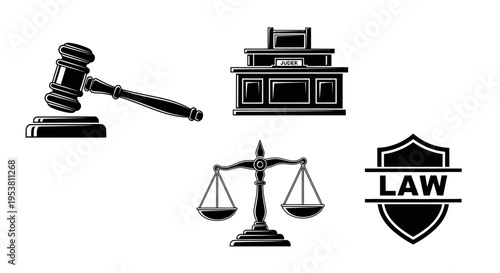 Law and Justice Icons: Gavel, Scales, Courthouse, Shield with LAW text