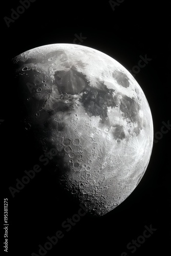 Detailed view of the Moons surface, showcasing its craters and lunar landscape against the dark expanse of space.