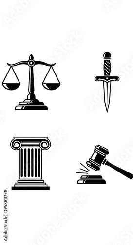 Law and Justice Symbols: Scales, Gavel, Column, Dagger Icons