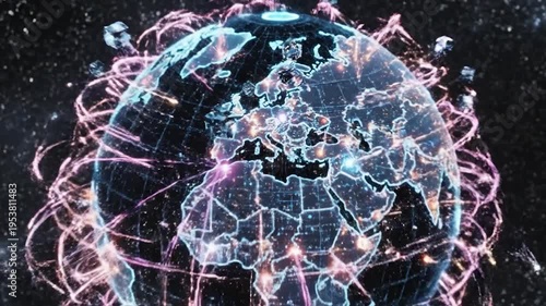 Digital connections across a glowing planet in outer space