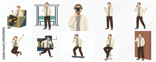 Fashionable Illustration Man Using Smartphone in Various Poses and Situations Collection