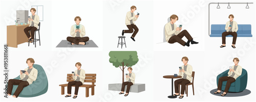 Minimalist Line Art Set of Man Using Smartphone in Different Locations