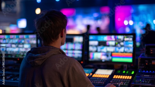 Behind the Scenes: A technician intently monitors multiple screens and controls at a live event, capturing the essence of event production and tech expertise.