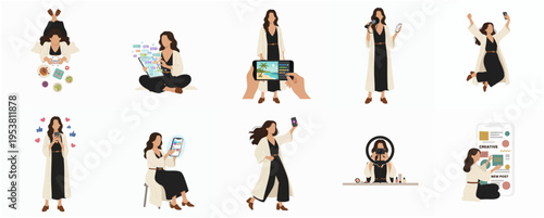 Flat Style Diverse Woman Social Media Influencer Activity and Lifestyle Illustration