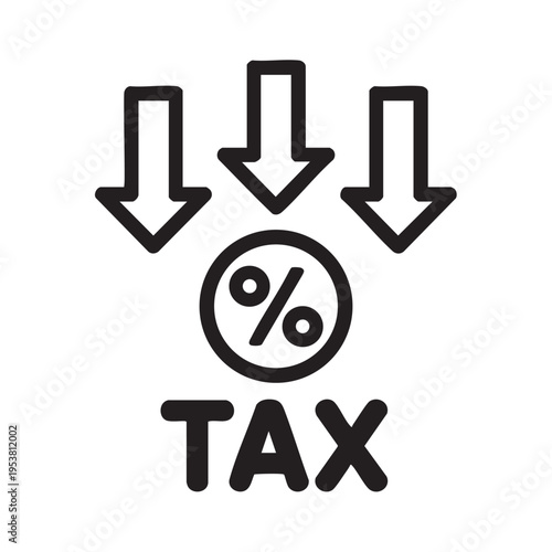 Black line art illustration of three downward arrows pointing to a percent sign surrounded by TAX on a white background for business concept