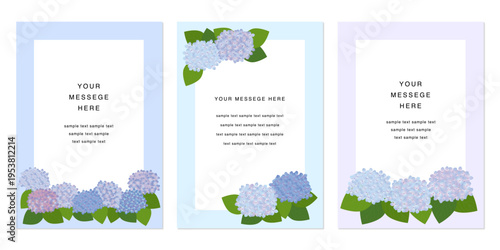 白い背景に配置された春のレトロ・フラワーのメッセージカード　紫陽花のフレーム　ポスターのベクターイラスト