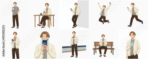 Watercolor Illustration of Young Man with Smartphone in Various Poses