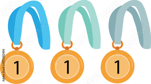 Gold medal award set with blue ribbons 1st place winner vector illustration for sports competition achievement design