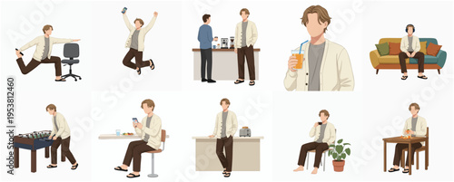 Stylized Flat Design Man in Various Activities and Poses Illustration