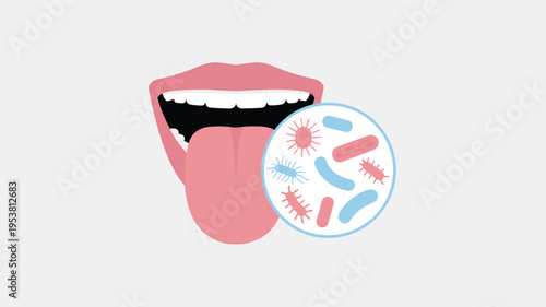 Open mouth with tongue and bacteria illustration showing oral hygiene and infection concept