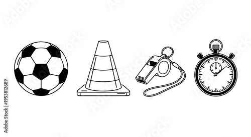 Sports Equipment Icons: Soccer Ball, Cone, Whistle, Stopwatch - Vector Illustration