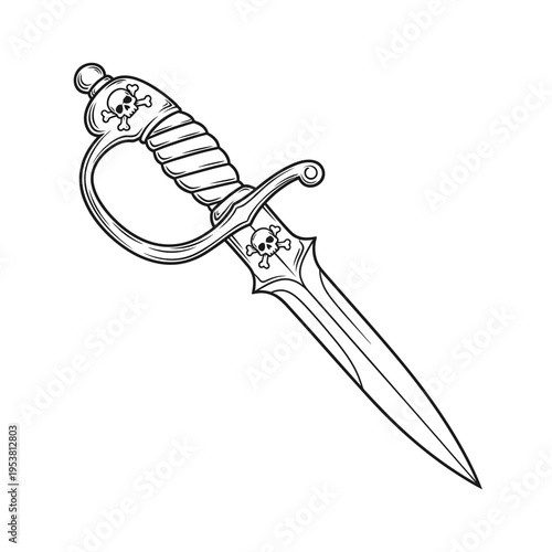 Pirate Dagger with Skull and Crossbones Emblem, Vintage Weapon Illustration
