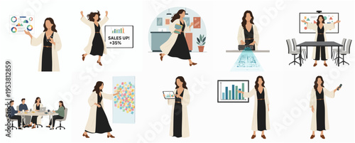 Minimalist Flat Illustration Female Leader Giving Presentation in Diverse Business Settings