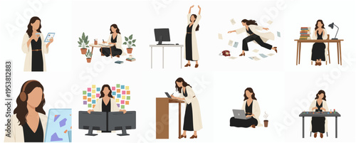 Flat Style Detailed Woman Working from Home Character Scene Illustration
