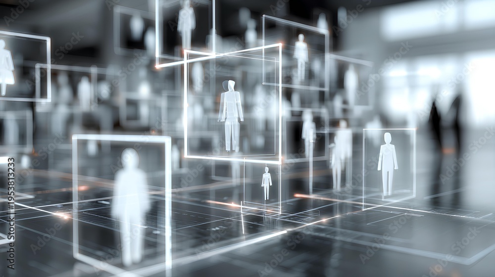 Fototapeta premium Digital Connection: Futuristic digital concept depicting individuals within interconnected frames, symbolizing networks and digital society.