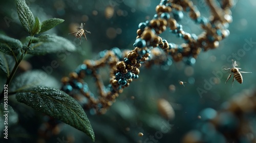 DNA Helix Structure in Nature with Green Leaves and Insects.