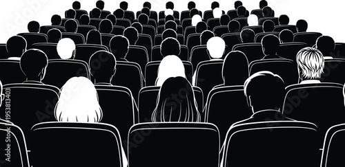 Audience sitting in cinema theater silhouette, crowd watching movie in auditorium seats, entertainment event concept with people viewing film screen in dark hall