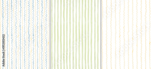 Whimsical watercolor background frames set with light blue and yellow wave stripes, green stripes. Perfect for backgrounds, stationery, packaging, Valentine's Day and Christmas designs.