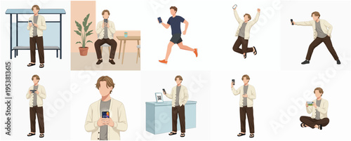 Diverse Lifestyle Flat Illustration of Man Using Smartphone in Various Scenes