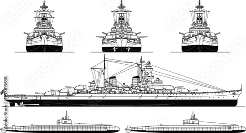 Battleship and submarine technical blueprint vector illustration with front and side views, detailed naval warship design for military, maritime engineering and historical fleet concept