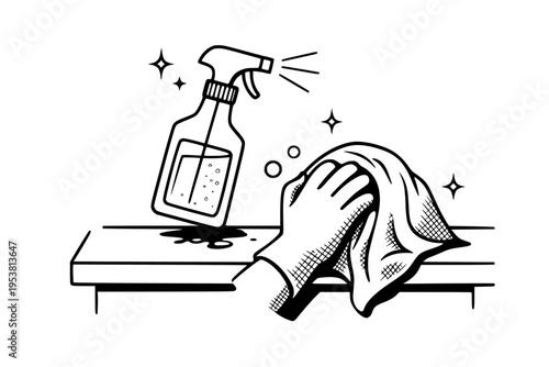 Hand in glove wiping clean countertop with spray bottle, sparkling clean effect