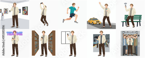 Collection of Man Character Illustration in Various Activity and Location Style