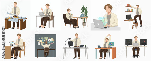 Flat Design Various Business Activity Of Man Working at Home Illustration