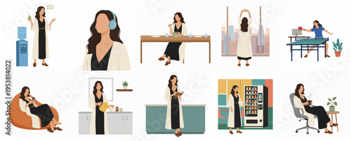 Flat Style Diverse Woman Lifestyle and Activity in Office Environment Illustration