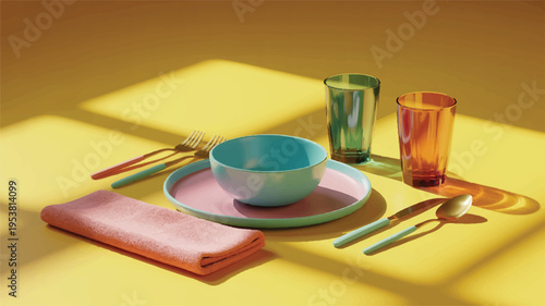 Colorful tableware set with a bowl, plate, cutlery, glasses, and napkin on a yellow background with shadows