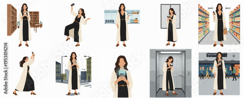 Flat Style Woman Using Smartphone in Various Urban Scene Character Set