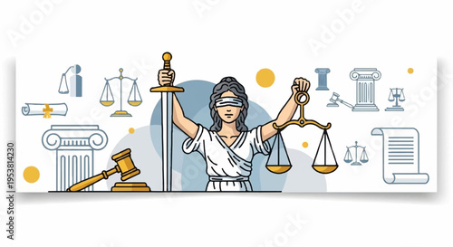Justice symbol with blindfolded lady holding scales and sword surrounded by legal icons and gavel