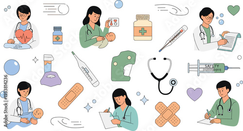 Pediatric Healthcare Vector Set with Doctors, Baby Checkup, Medical Tools, Vaccine, Thermometer, Stethoscope, and Child Care Illustrations for Clinic and Hospital Design.