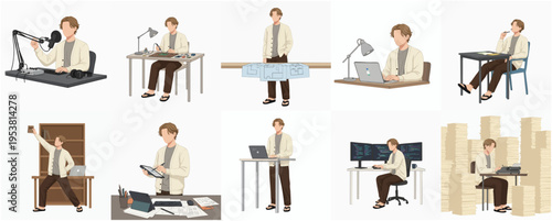 Stylish Illustration of a Man Working in Different Modern Working Environments