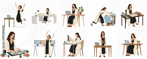 Flat Illustration Woman Working from Home Lifestyle and Business Set