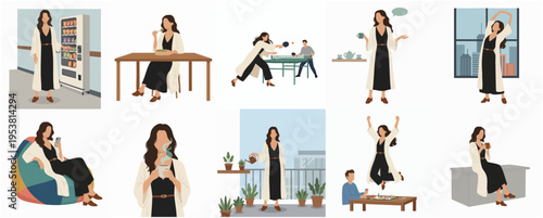 Minimalist Woman Different Activity Lifestyle Moments Flat Design Illustration Set