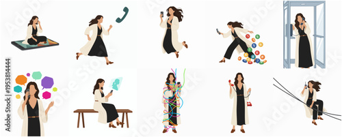 Diverse Flat Illustration Set of Woman Using Various Communication Devices