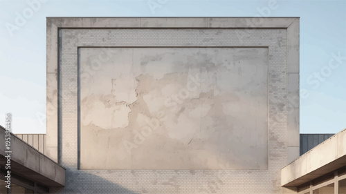 Modern concrete wall with a large blank rectangular frame, sky background, for graphic design, copy space
