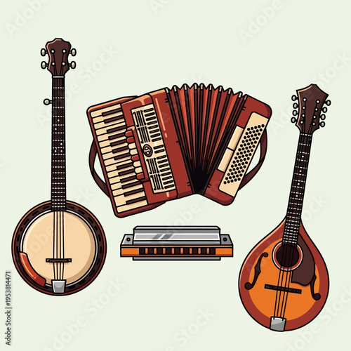 Vintage Musical Instruments Collection: Accordion, Banjo, Mandolin, Harmonica