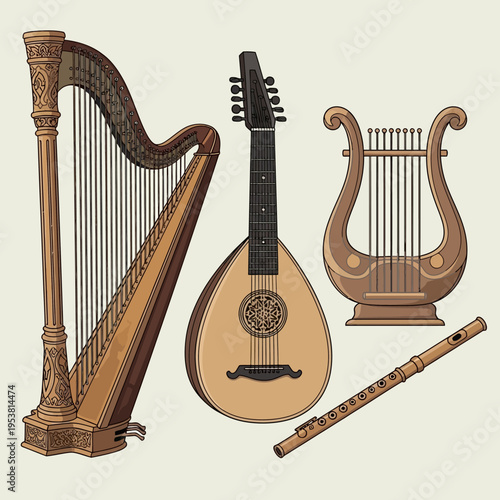 Vintage Musical Instruments: Harp, Lyre, Mandolin, Flute - Antique Music Collection